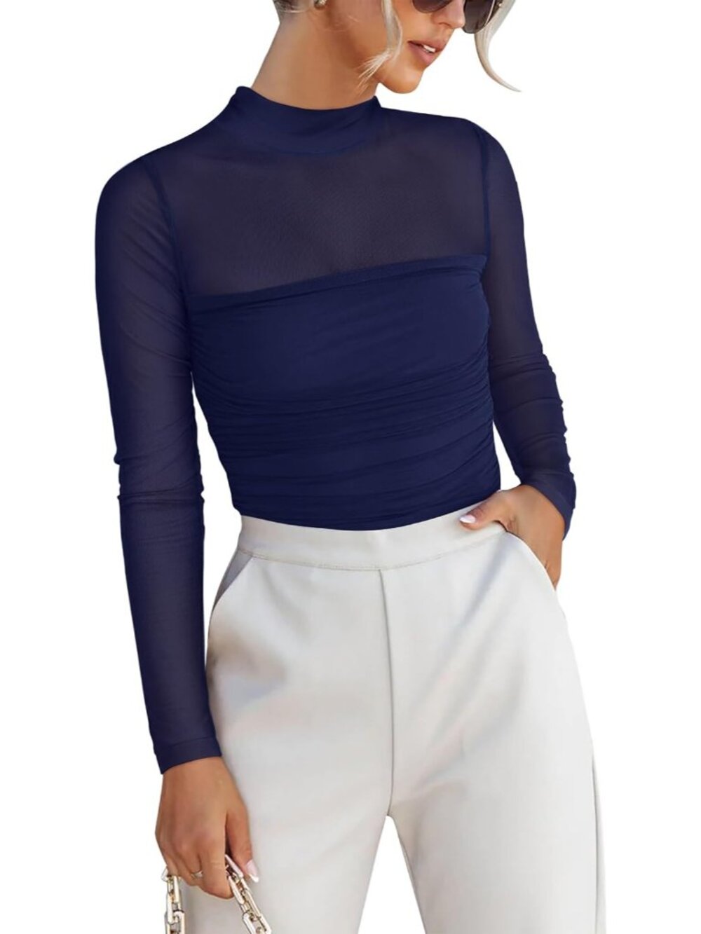 Women's Navy Blue Mock Neck Pullover Sheer Slim Fit Rushed Mesh Long Sleeve Top
